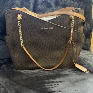 Michael Kors Brown Logo Tote with Gold Chain Handles